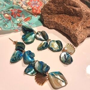 Gold Seashell Turquoise Dangle Earrings | NWOT